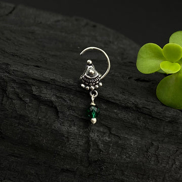 Green Bead Silver Hanging Nose Pin
